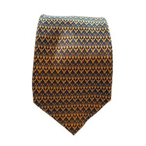 Stonehenge Mens Silk Tie Gold Blue Geometric Scale Pattern Hand Made Necktie